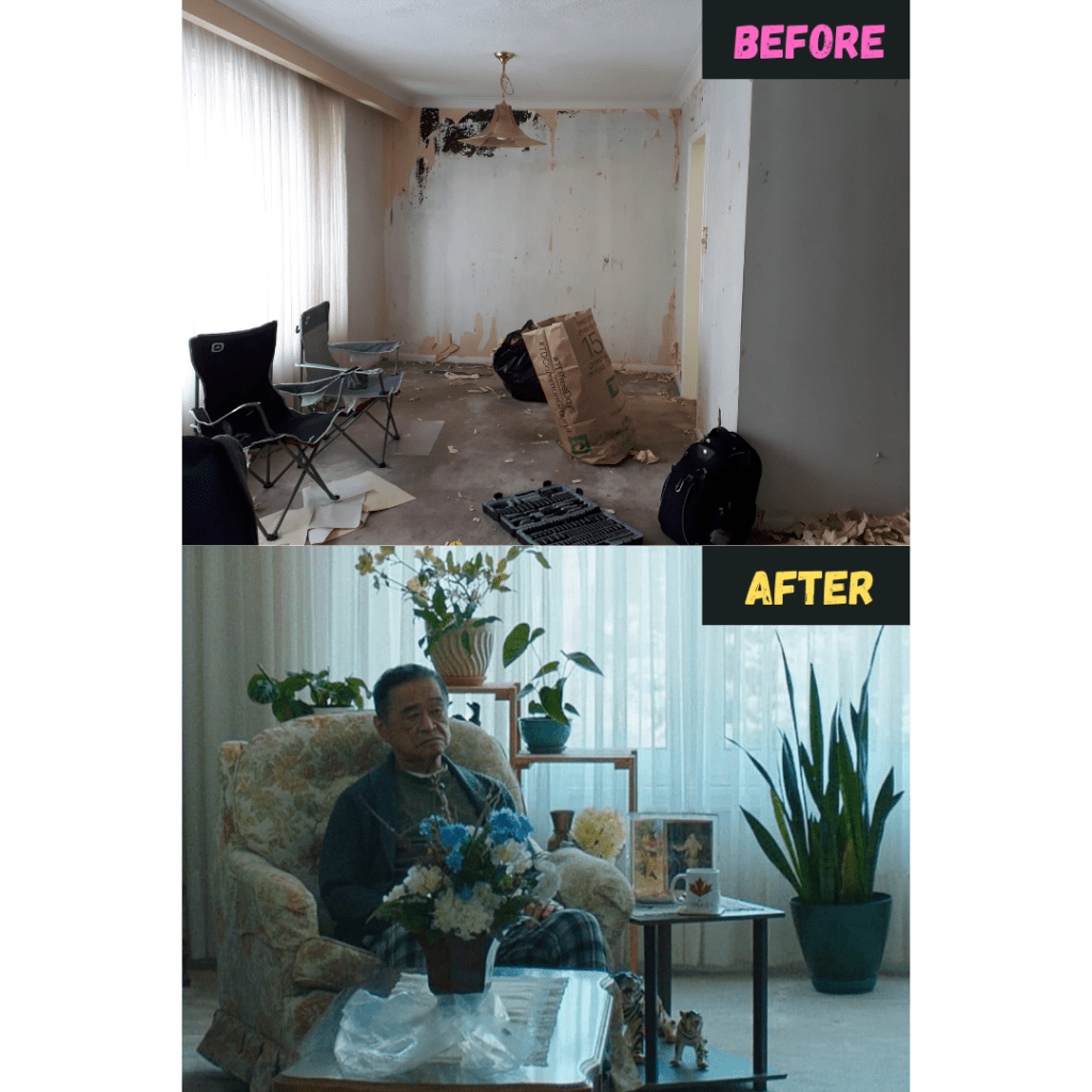 A before shot of the decrepit set location followed by an after shot of the same location converted into a comfortable living room with an old man sitting in a chair.