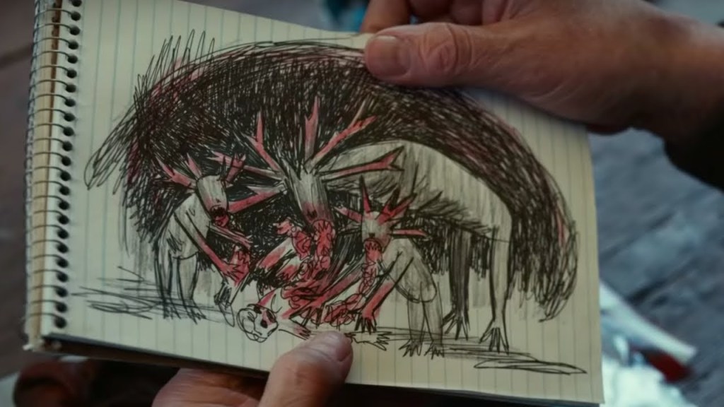 A hand-drawn sketch of a scene from from the film Antlers.