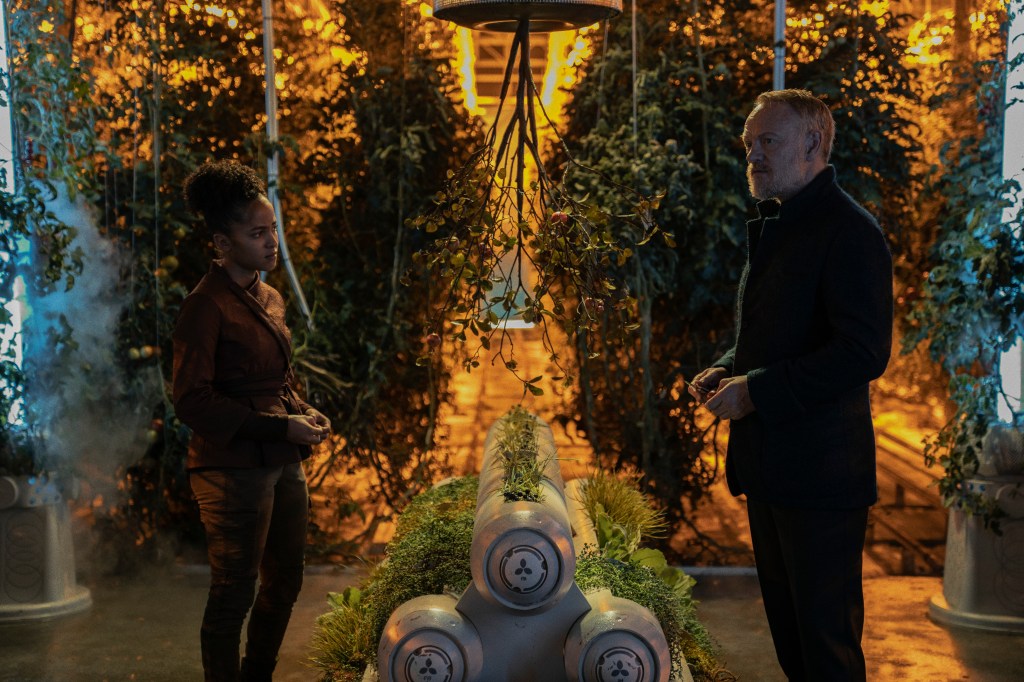 Lou Llobell and Jared Harris in a scene from Foundation