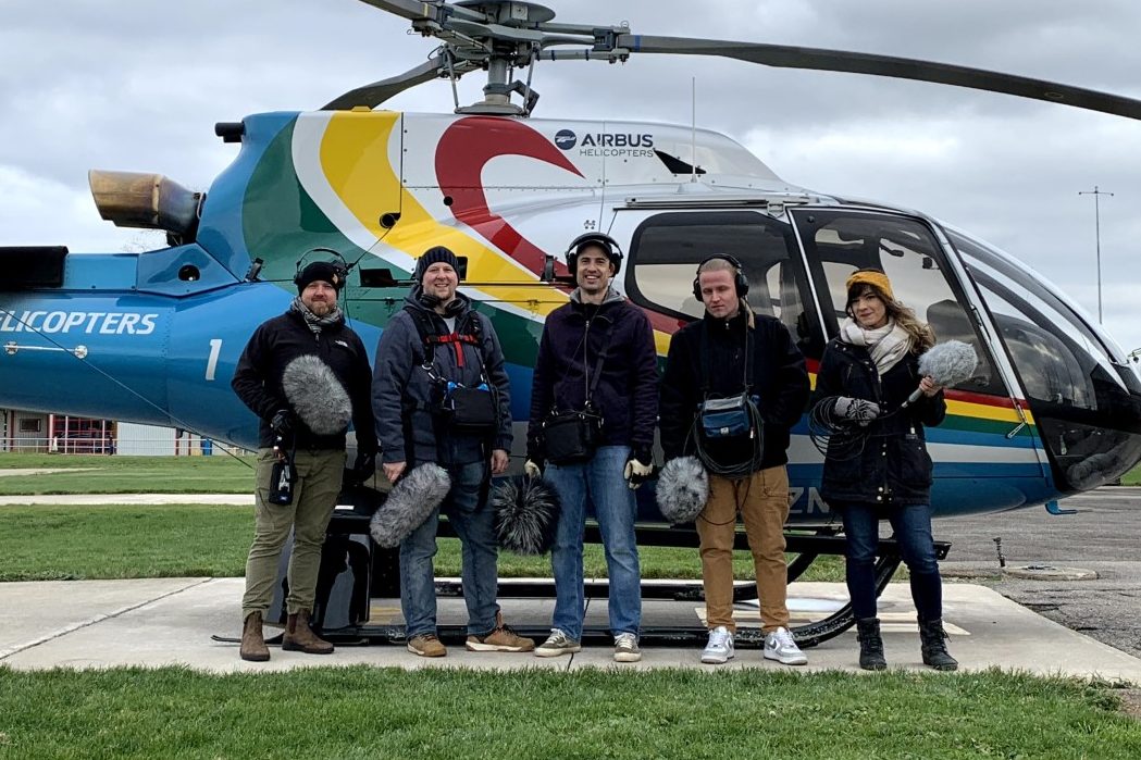 The sound crew at a helicopter recording session in Niagara Falls (left to right): Mark Dejczak, Tyler Whitham, J.R. Fountain, Jack Madigan, Claudia Pinto